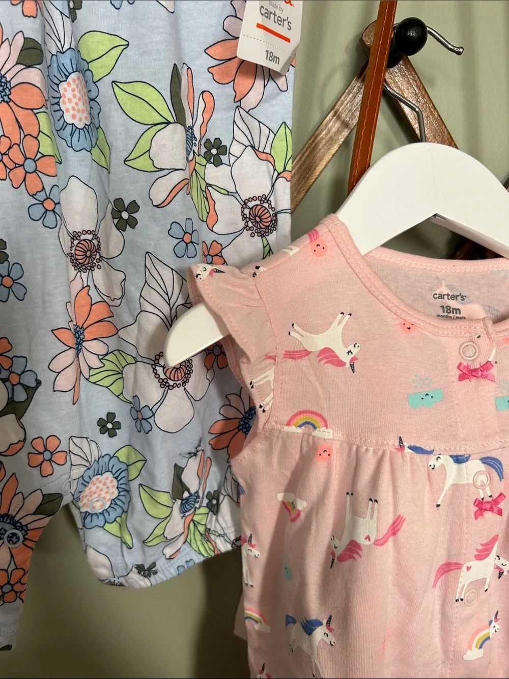 Carter's Pink Unicorn and Light Blue Floral Baby Rompers Set